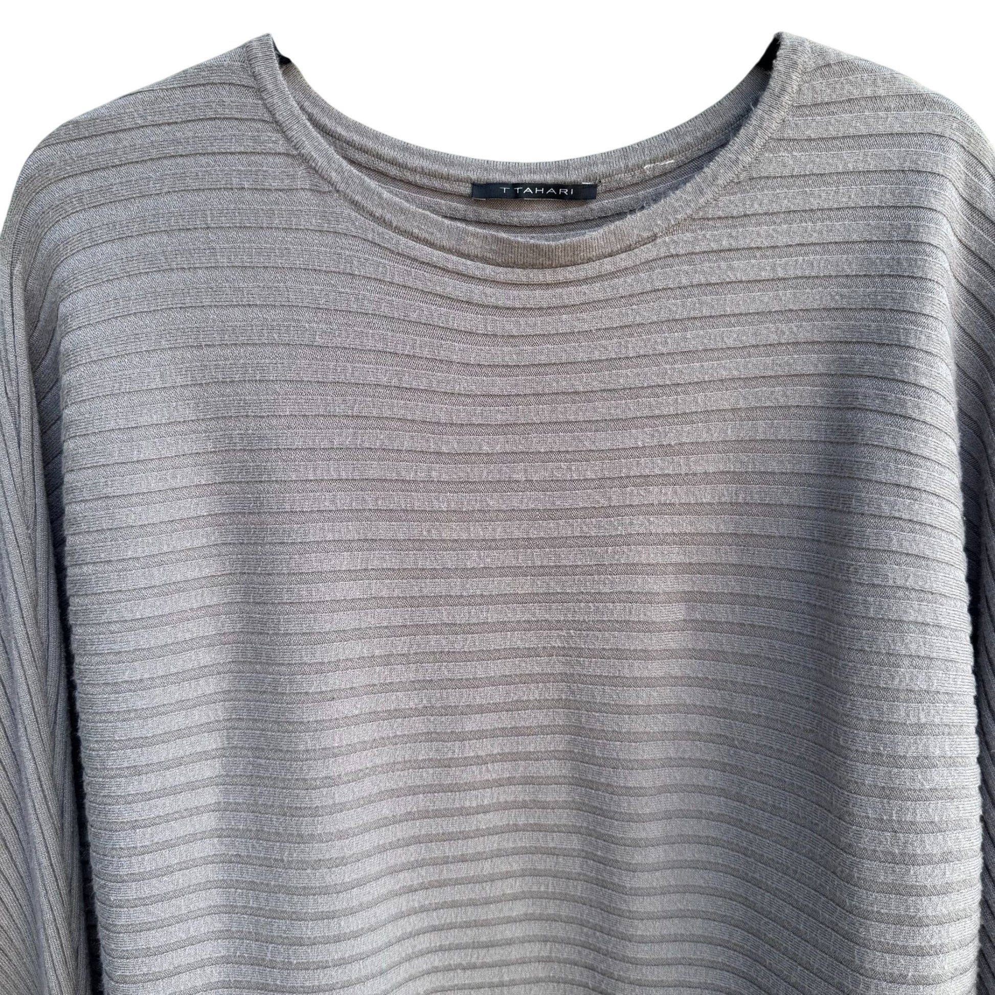 T Tahari Womens Ribbed Gray Minimalist Dolman Long Sleeve Knit Cozy Sweater L