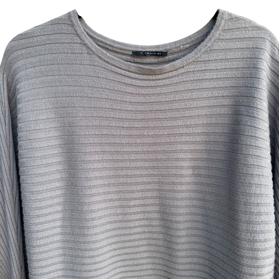 T Tahari Womens Ribbed Gray Minimalist Dolman Long Sleeve Knit Cozy Sweater L