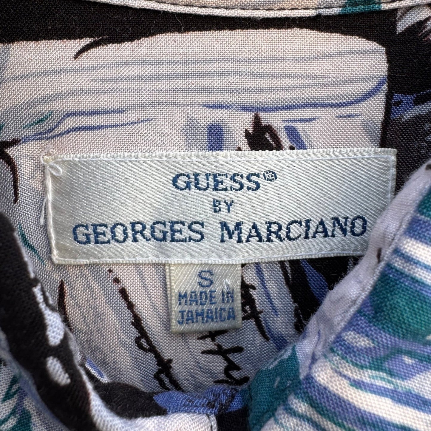 Guess Georges Marciano Vintage 90s Mens S Abstract Rayon Button Down Shirt Blue