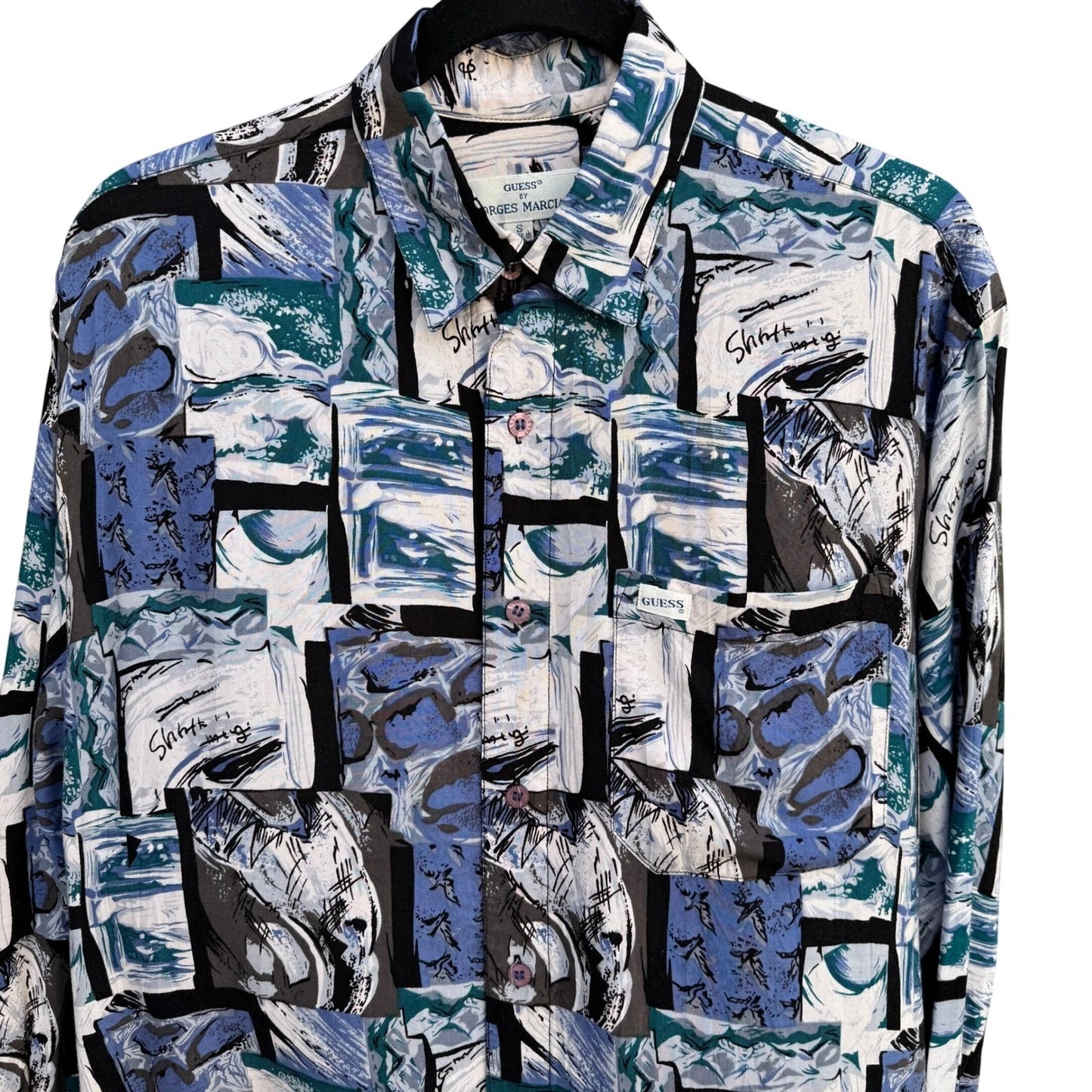 Guess Georges Marciano Vintage 90s Mens S Abstract Rayon Button Down Shirt Blue