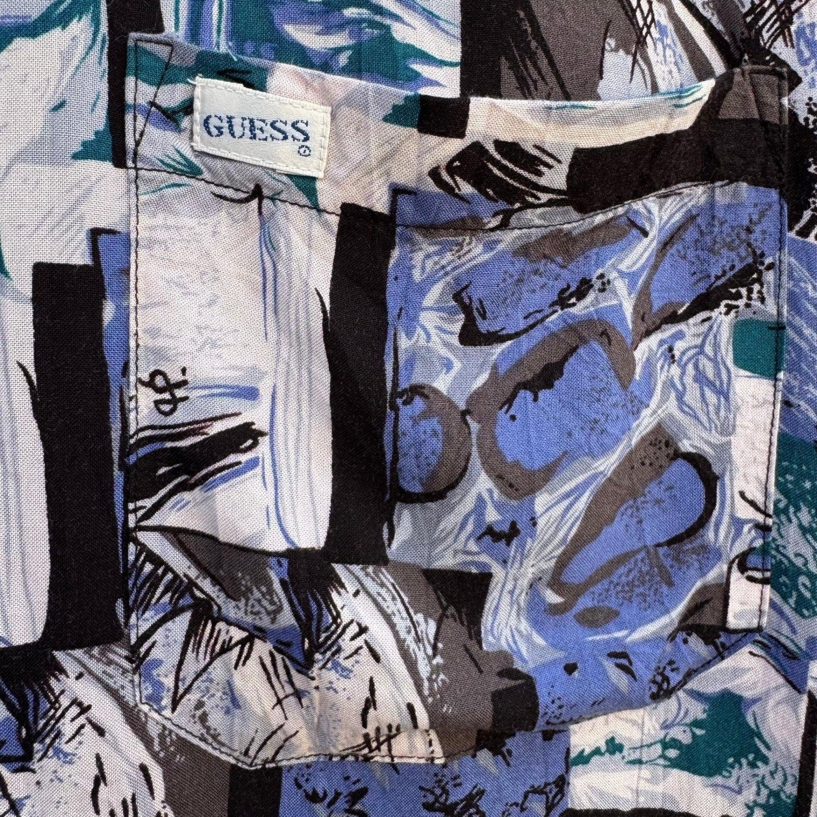 Guess Georges Marciano Vintage 90s Mens S Abstract Rayon Button Down Shirt Blue