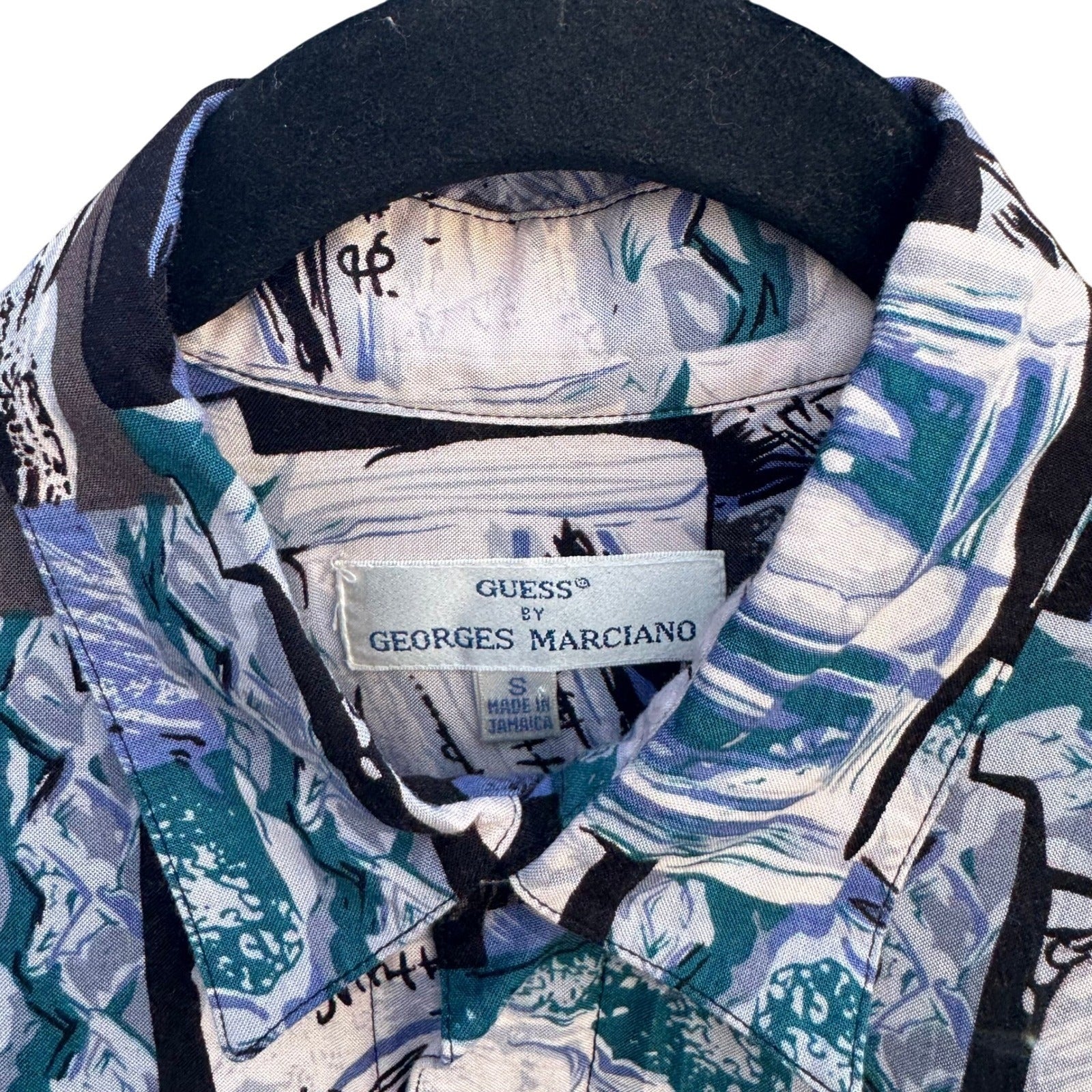 Guess Georges Marciano Vintage 90s Mens S Abstract Rayon Button Down Shirt Blue