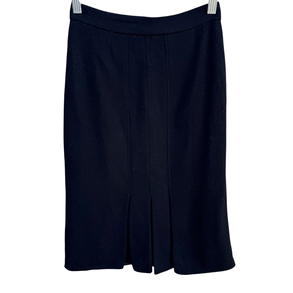 Vintage Handmade Womens Preppy Old Money Black Inverted Pleats Wool Pencil Skirt