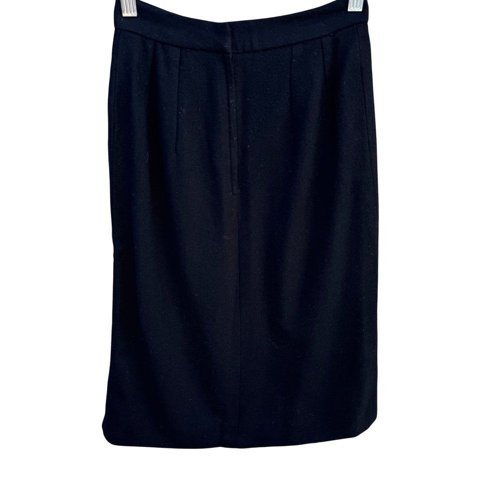 Vintage Handmade Womens Preppy Old Money Black Inverted Pleats Wool Pencil Skirt