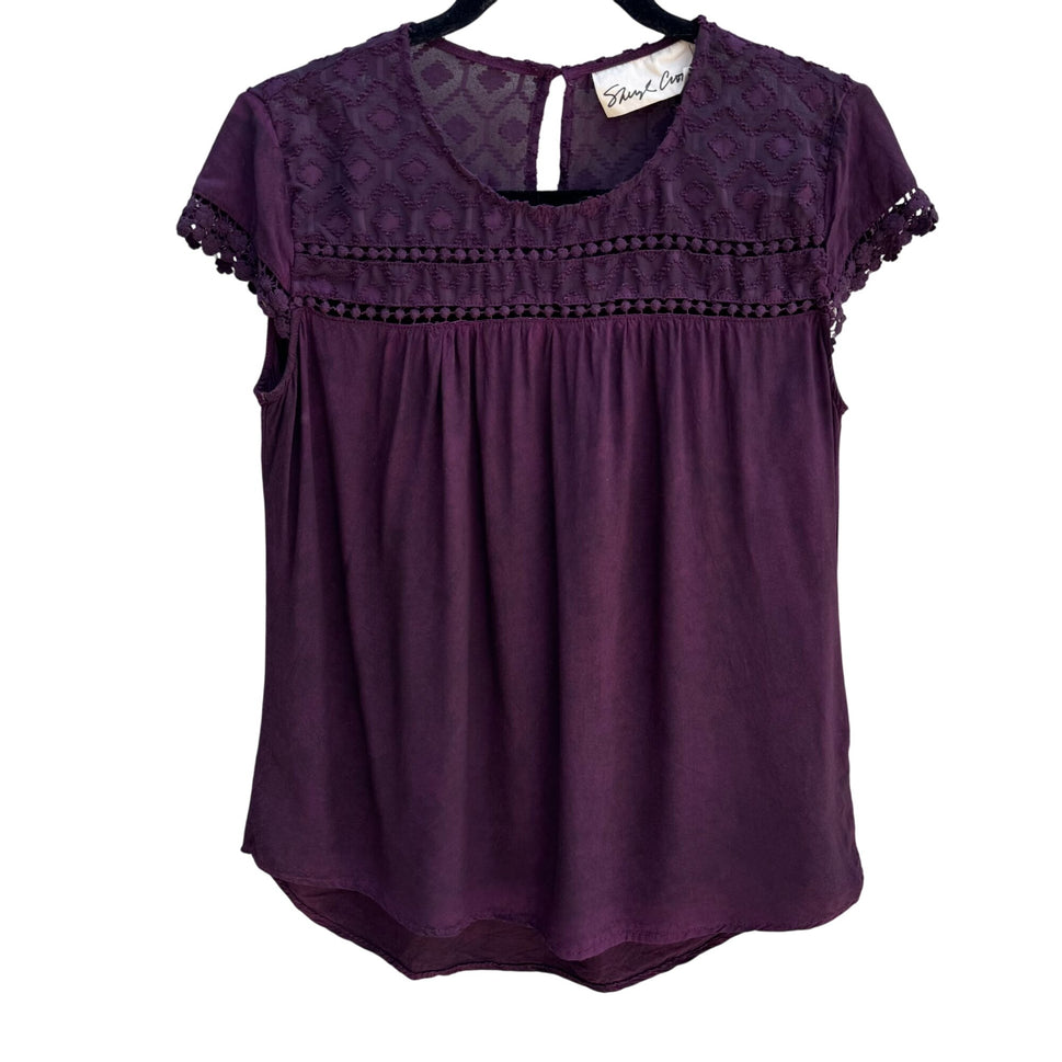 Sheryl Crow Purple Boho Lace Embroidered Detail Short Sleeve Button Back Top S