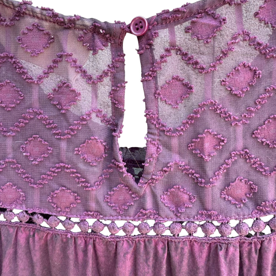 Sheryl Crow Purple Boho Lace Embroidered Detail Short Sleeve Button Back Top S