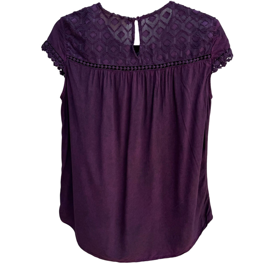 Sheryl Crow Purple Boho Lace Embroidered Detail Short Sleeve Button Back Top S