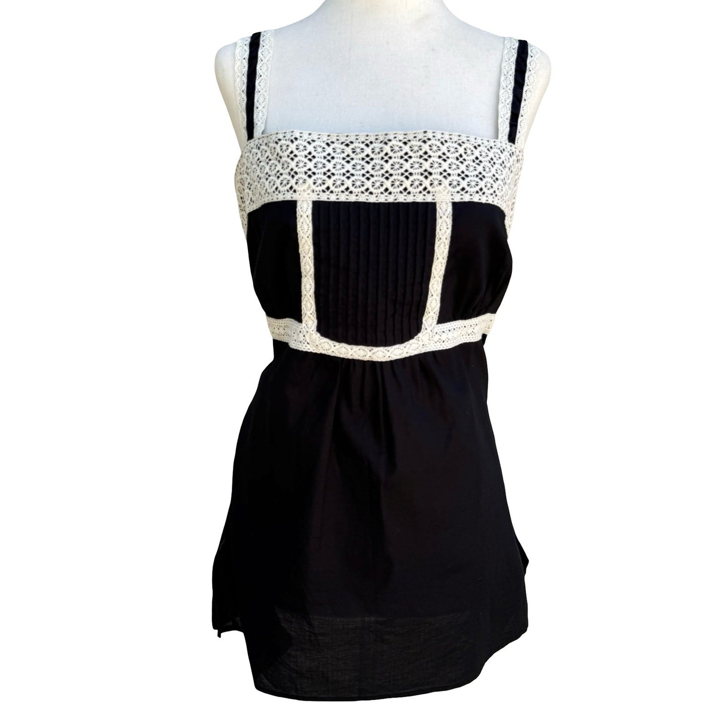 Work to Weekend Y2K Boho Romantic Goth Lace Pleated Empire Waist Top L NEW Black