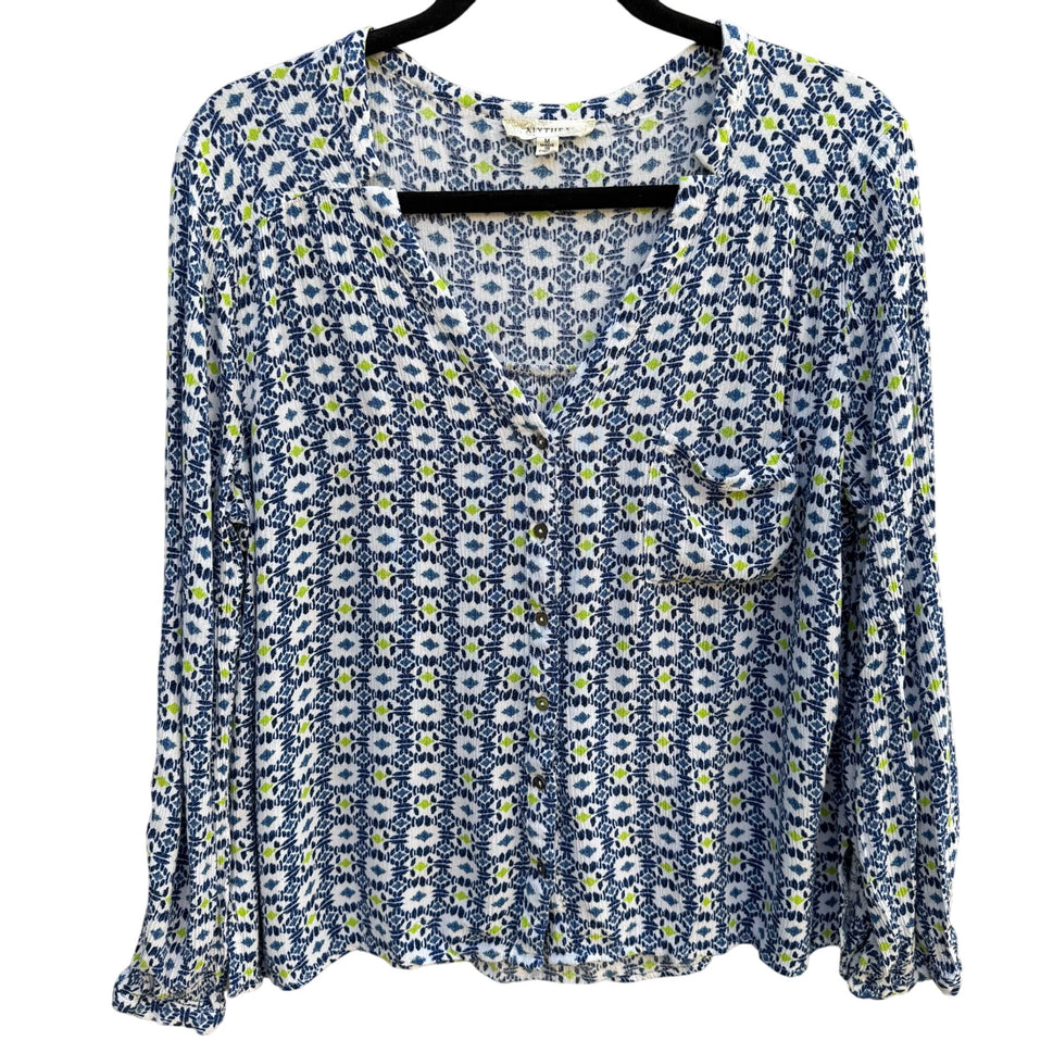 Alythea Womens Blue White Floral Print Rolled Sleeve & V-Neck Boho Blouse Top M