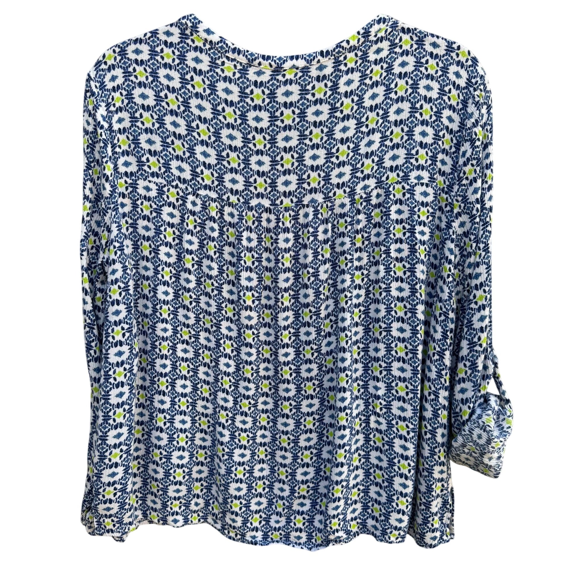 Alythea Womens Blue White Floral Print Rolled Sleeve & V-Neck Boho Blouse Top M