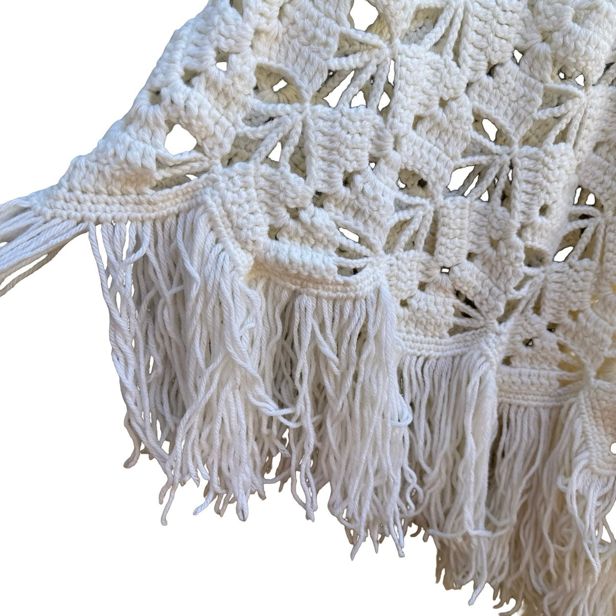 Vintage Handmade Boho Festival Coastal Cottagecore Crochet Fringe Shawl Wrap OS