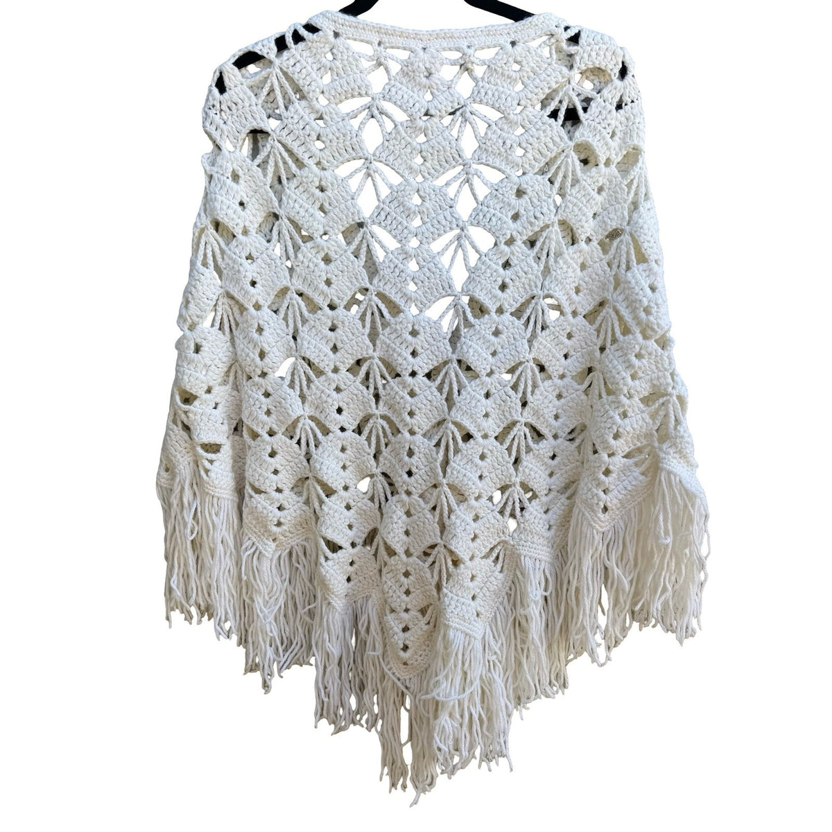 Vintage Handmade Boho Festival Coastal Cottagecore Crochet Fringe Shawl Wrap OS