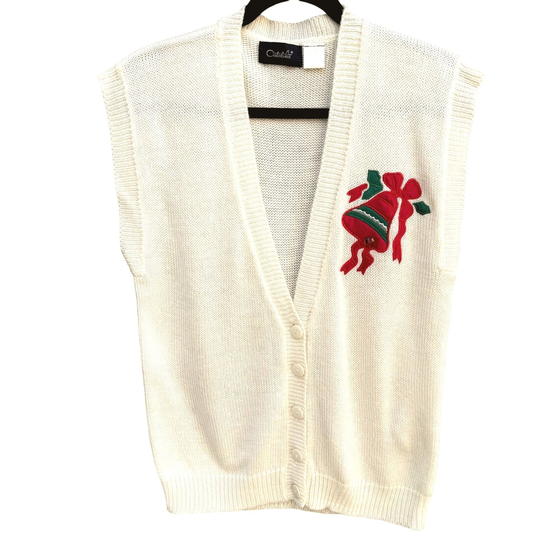 Catalina Vintage 70s Womens Christmas Embroidered Bell Knit Holiday Sweater Vest