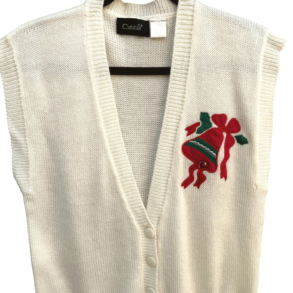 Catalina Vintage 70s Womens Christmas Embroidered Bell Knit Holiday Sweater Vest