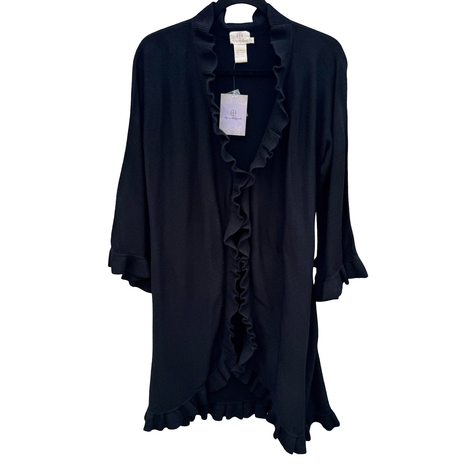 Hot in Hollywood Womens Black Ruffle Trim Open Front Cardigan Bell Sleeve Small