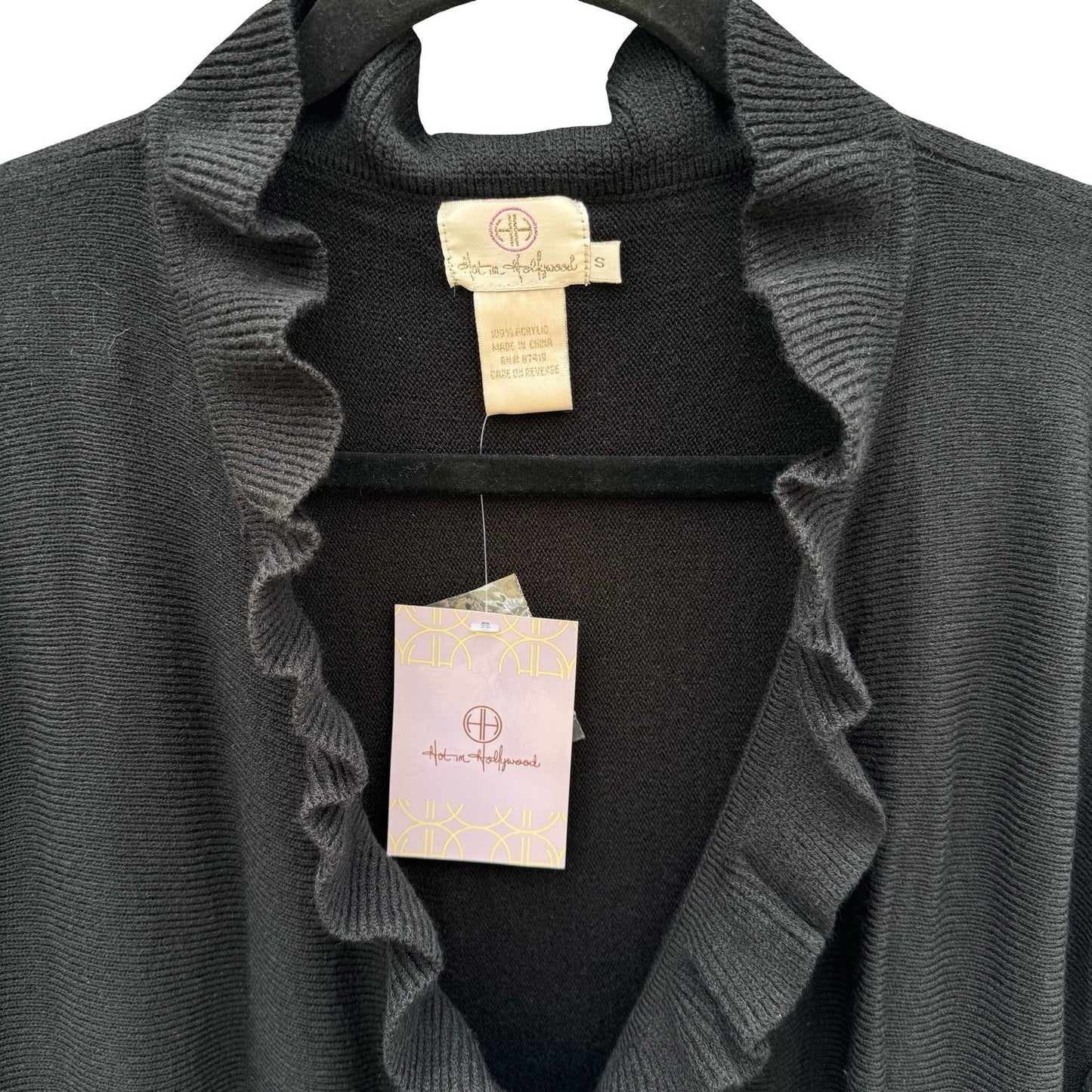 Hot in Hollywood Womens Black Ruffle Trim Open Front Cardigan Bell Sleeve Small