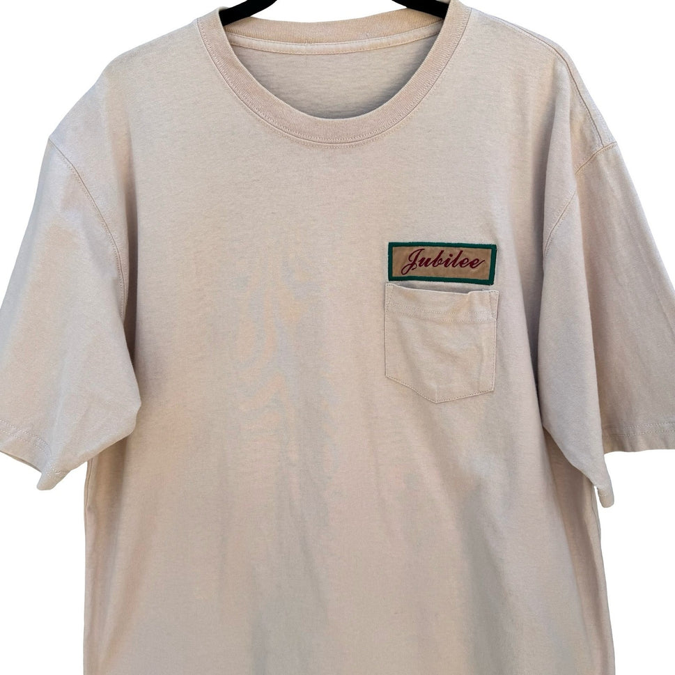 Jubilee Tan Beige Pocket T-Shirt Short Sleeve Embroidered Patch Crewneck Mens XL