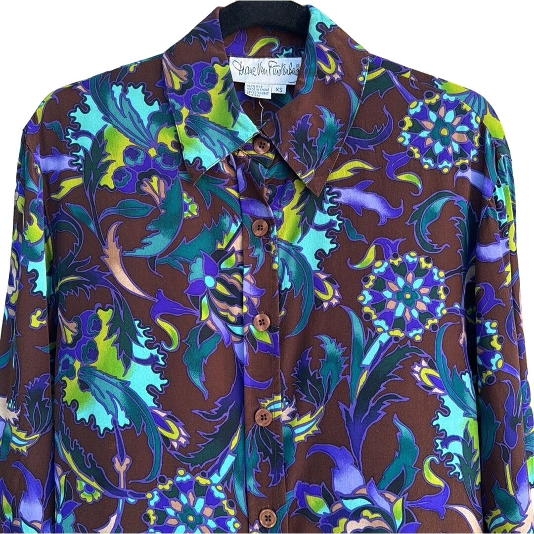 Diane Von Furstenberg Vintage Women's Silk Floral Multi-Color Long Sleeve Blouse