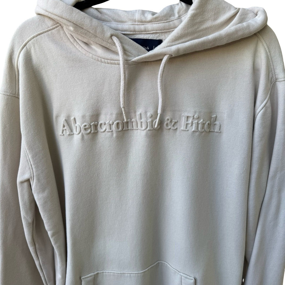 Abercrombie & Fitch Puff Print Embossed Logo Pullover Hoodie Cream Beige Mens M
