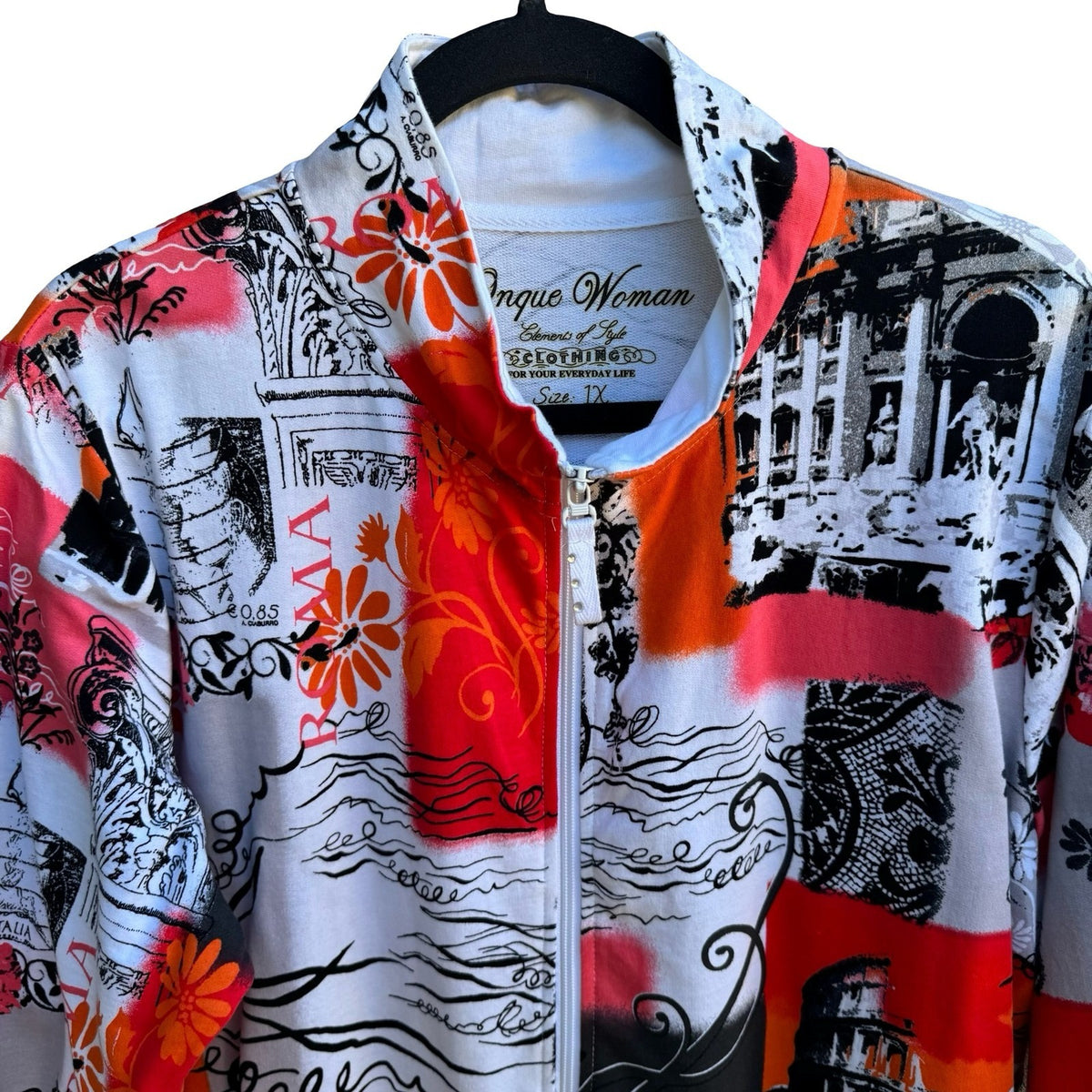Onque Roma Italy Landmark Coastal Maximalist Cotton Zip French Terry Jacket 1X