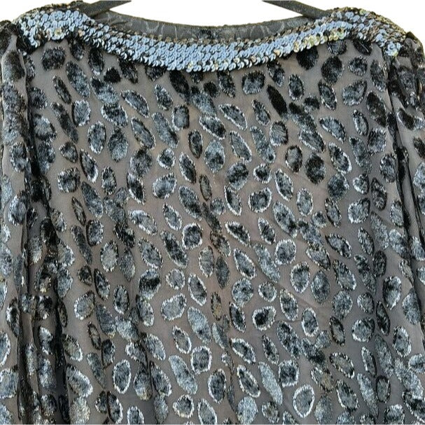 Siasia New York Vintage Velvet & Sequin Waist Wrist Semi Sheer Boat Neck Blouse