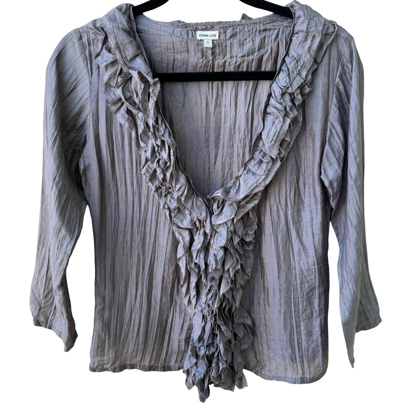 Chan Luu Vintage Y2K Silk Ruffle Whimsigoth Fairycore Boho Crinkle Blouse Grey S
