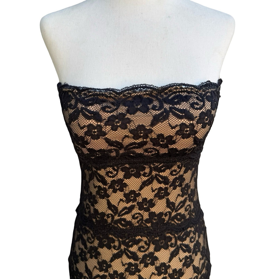 Pretty Good Coquette Whimsigoth Black Floral Lace Strapless Bodycon Mini Dress