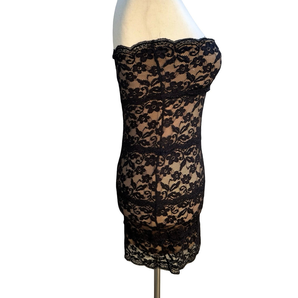 Pretty Good Coquette Whimsigoth Black Floral Lace Strapless Bodycon Mini Dress