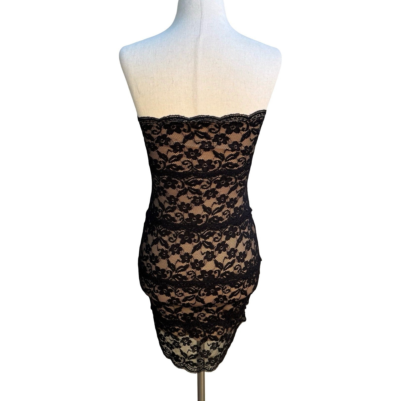 Pretty Good Coquette Whimsigoth Black Floral Lace Strapless Bodycon Mini Dress