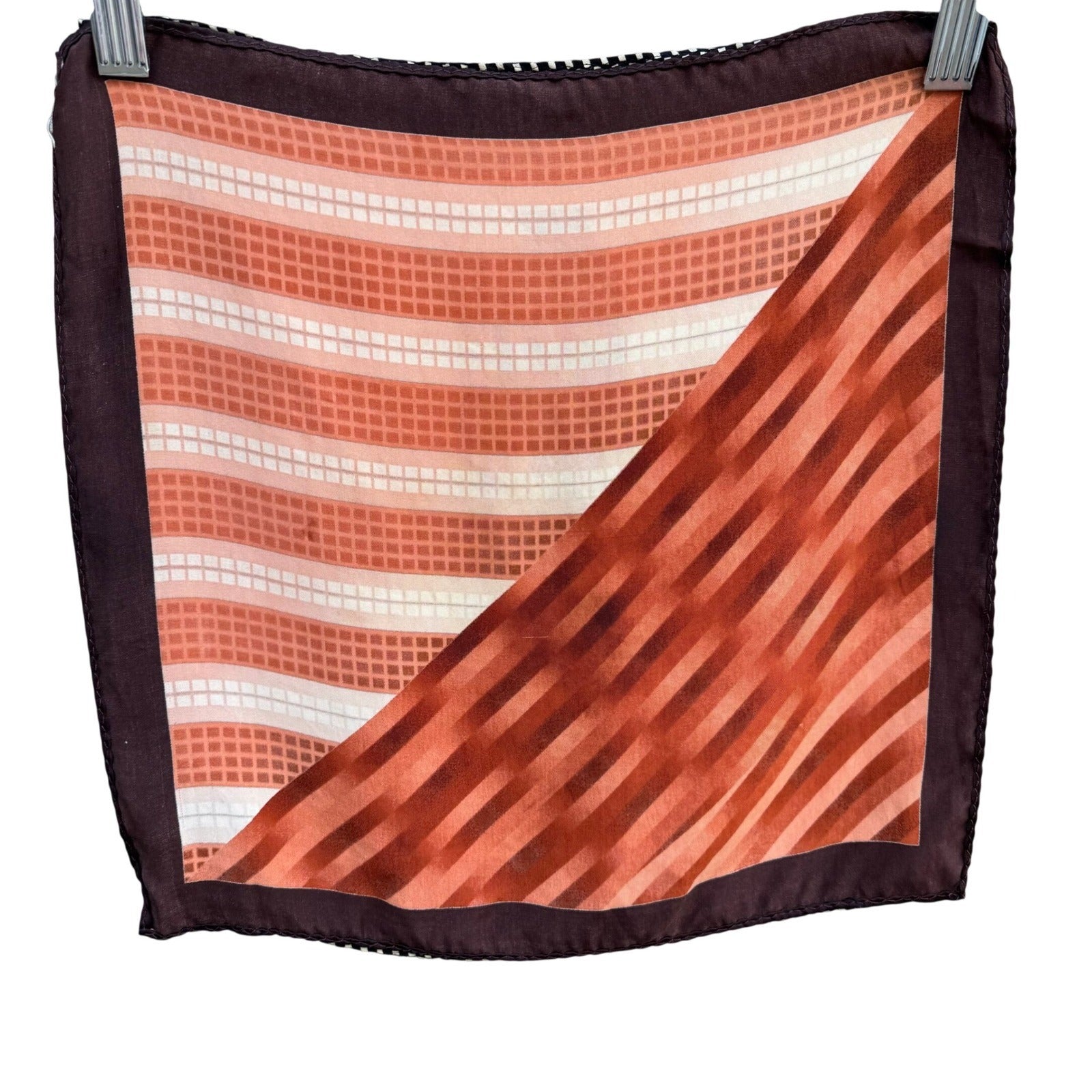 Vintage Reversible Pocket Squares 2 Set Geometric Orange Brown Black White Check