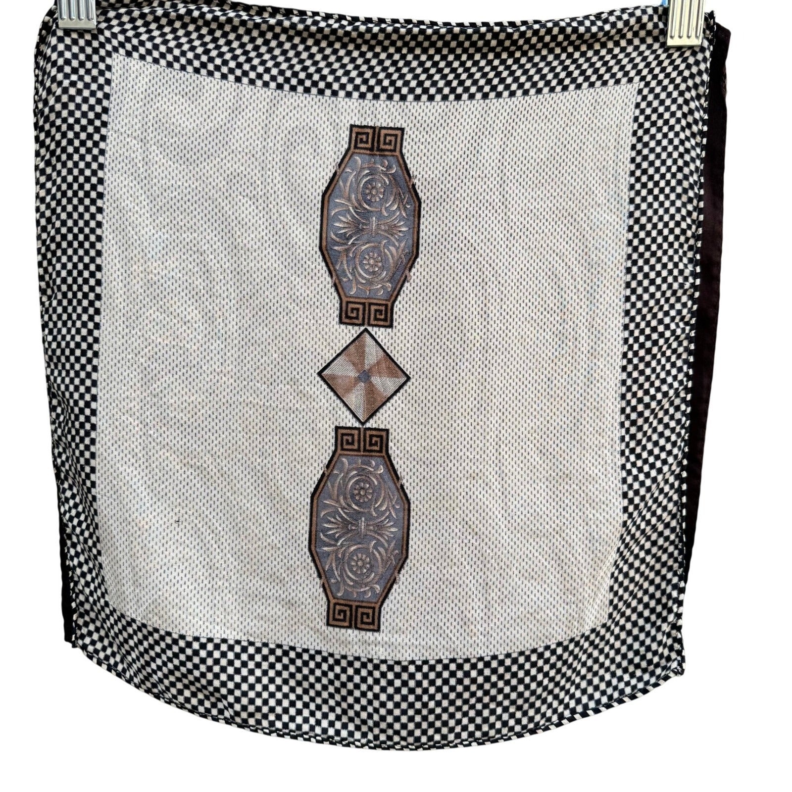 Vintage Reversible Pocket Squares 2 Set Geometric Orange Brown Black White Check
