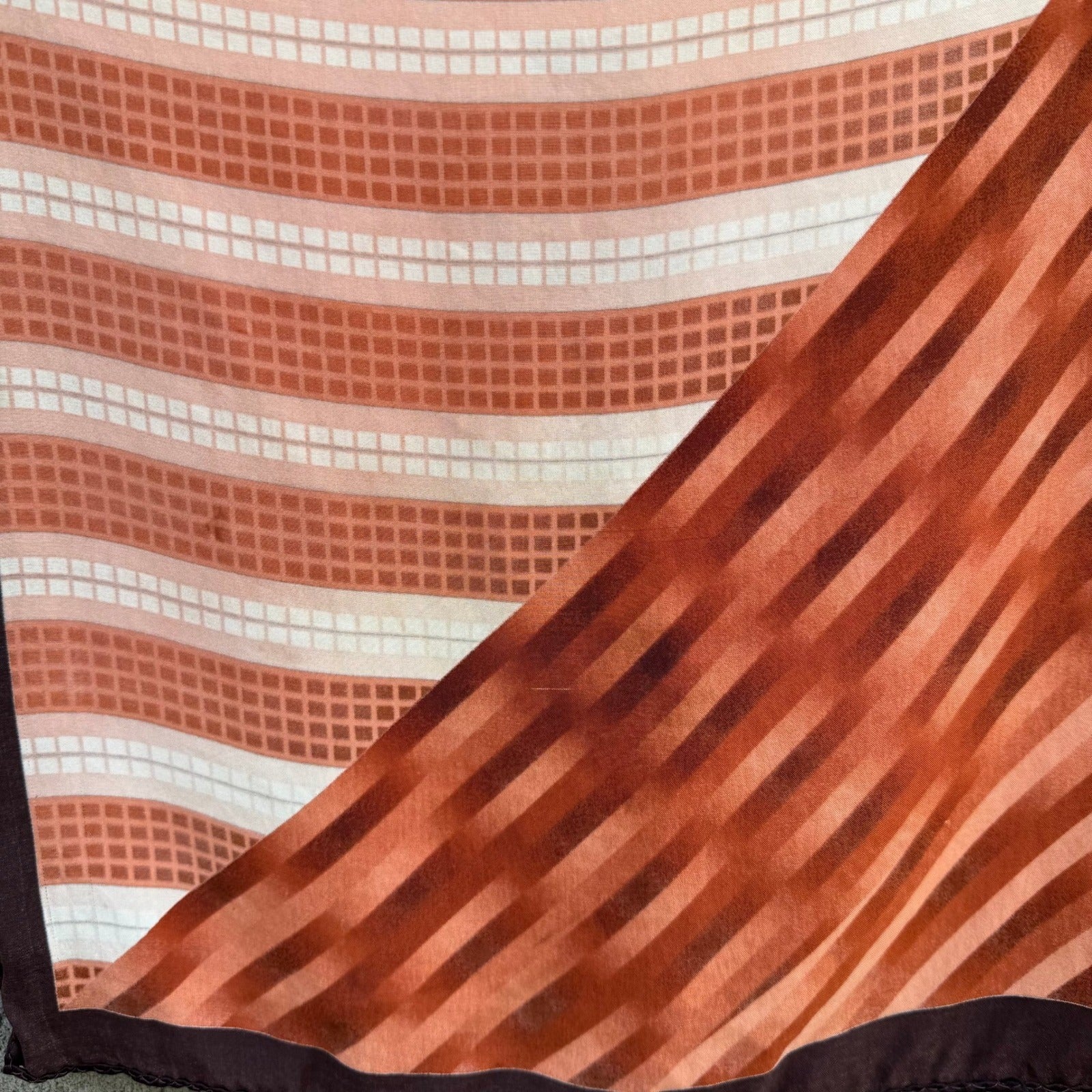 Vintage Reversible Pocket Squares 2 Set Geometric Orange Brown Black White Check