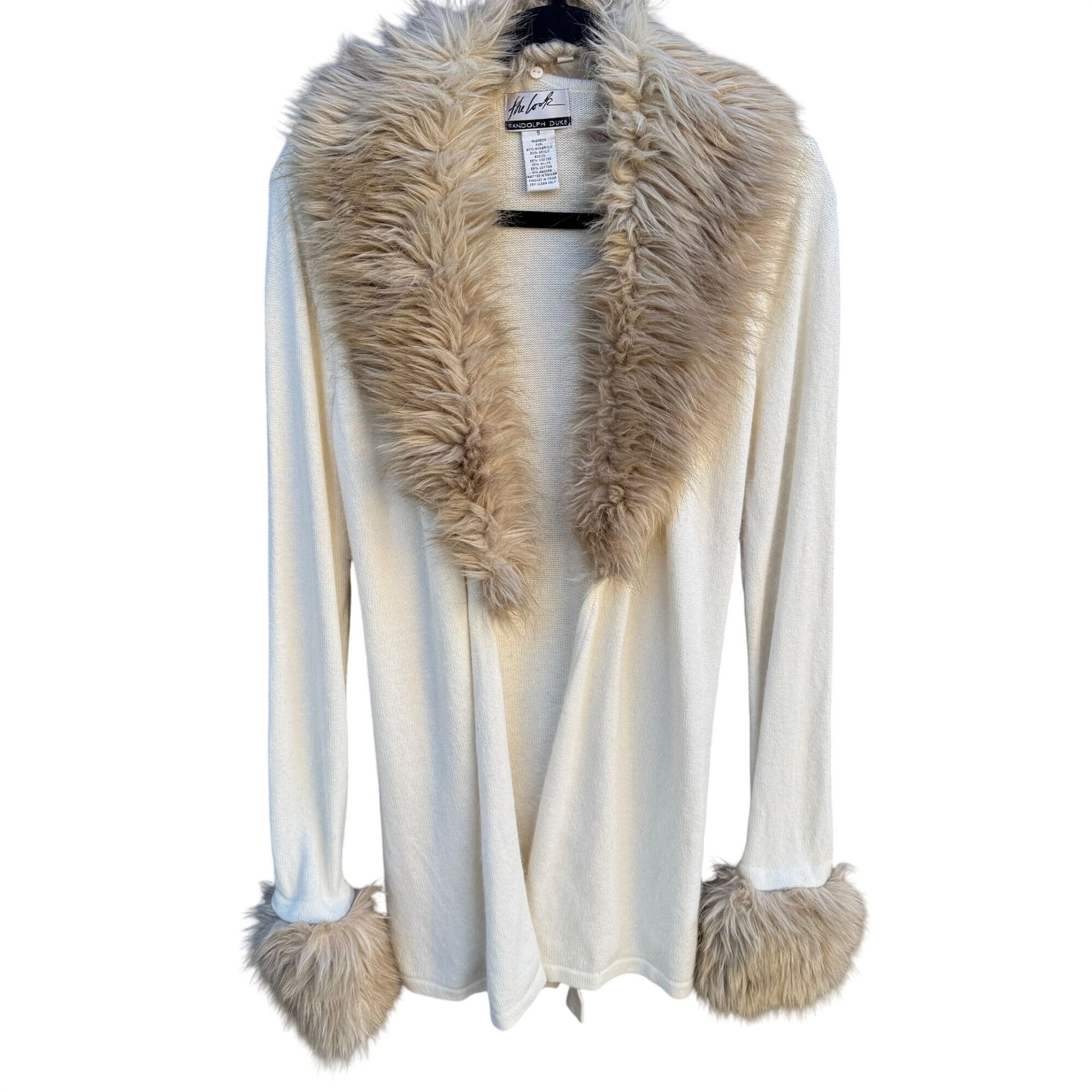 Randolph Duke The Look Removable Faux Fur Trim Cream Wrap Knit Cardigan Sweater S