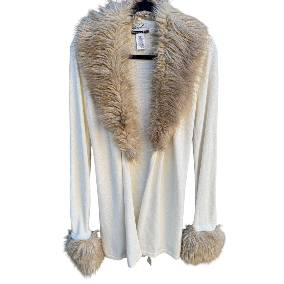 Randolph Duke The Look Removable Faux Fur Trim Cream Wrap Knit Cardigan Sweater S