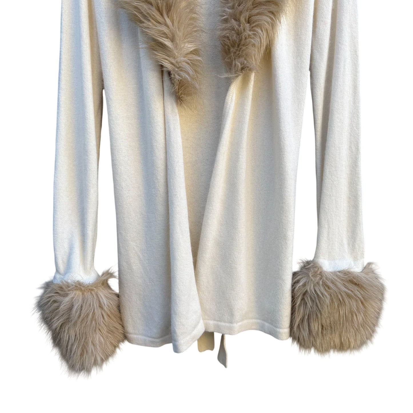 Randolph Duke The Look Removable Faux Fur Trim Cream Wrap Knit Cardigan Sweater S
