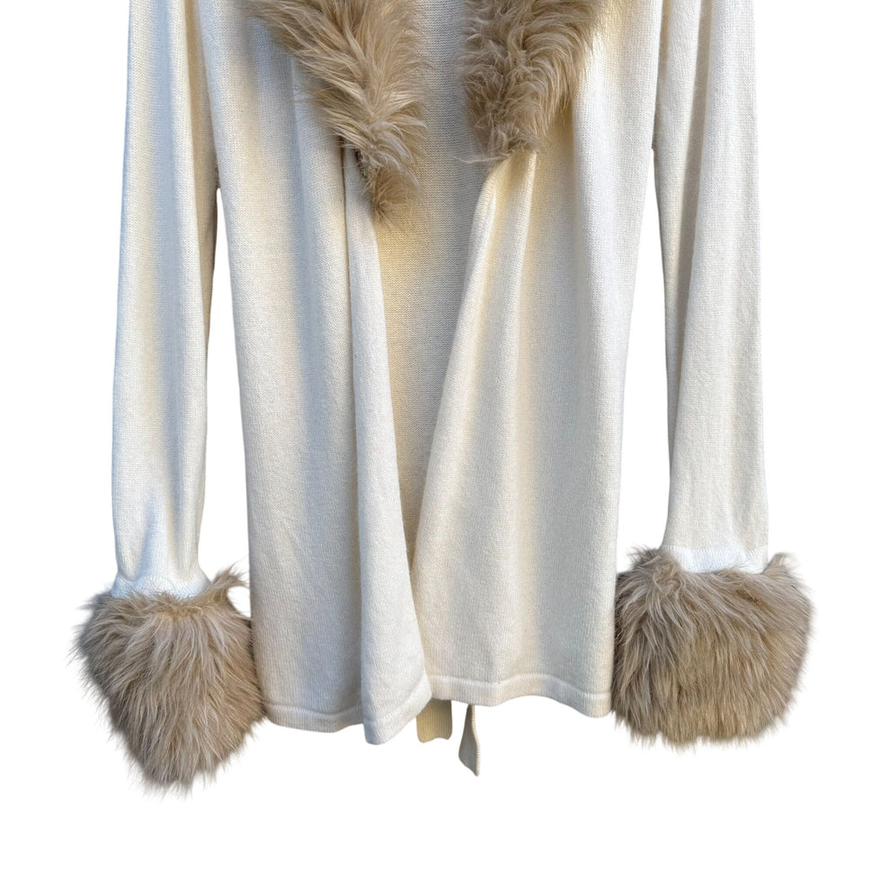 Randolph Duke The Look Removable Faux Fur Trim Cream Wrap Knit Cardigan Sweater S