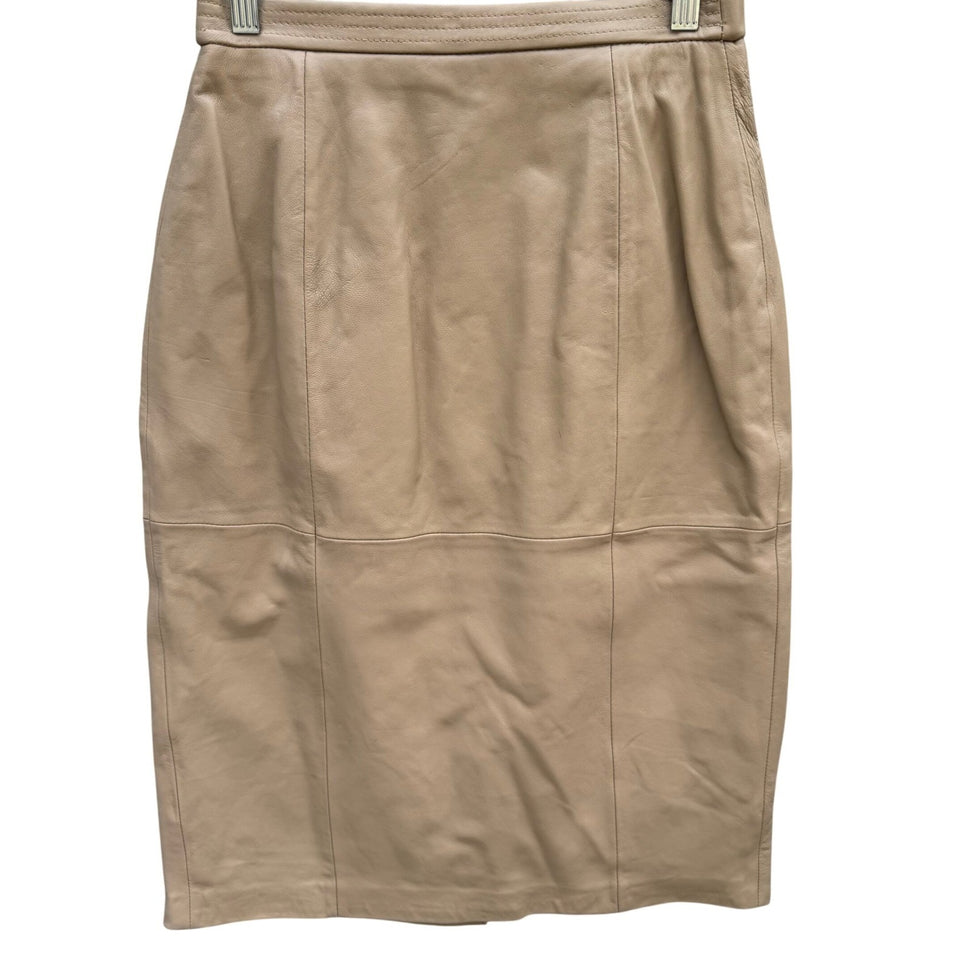 Terry Lewis Classic Luxuries Camel Leather Pencil Skirt Petite 6P Tan Midi T5011