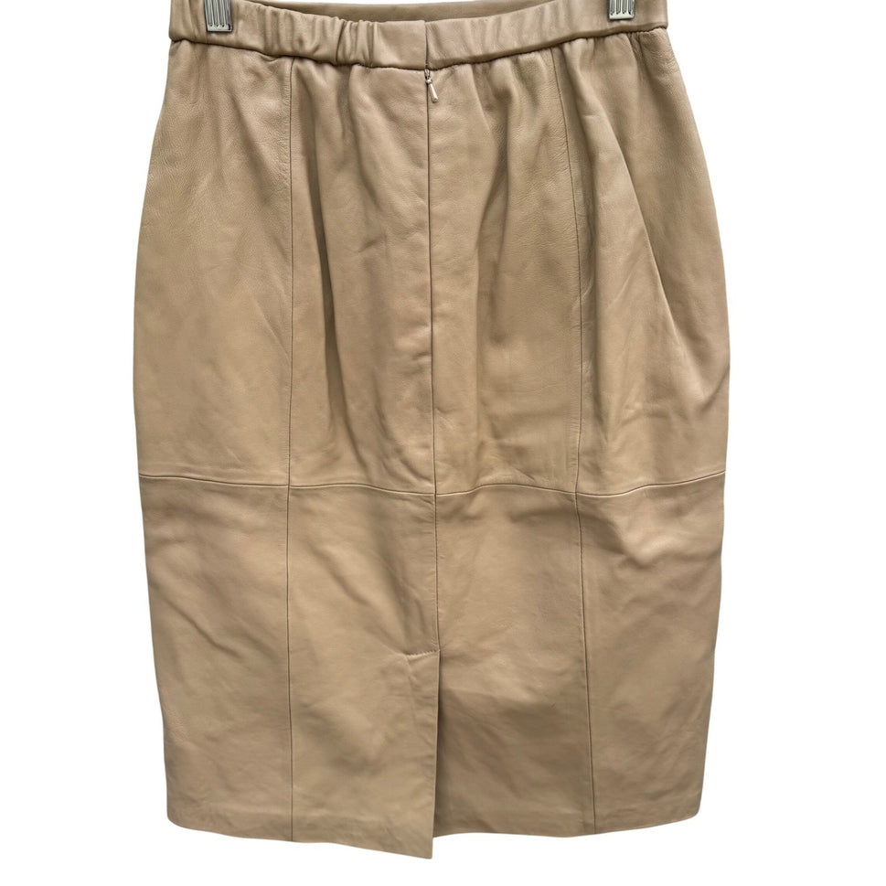 Terry Lewis Classic Luxuries Camel Leather Pencil Skirt Petite 6P Tan Midi T5011