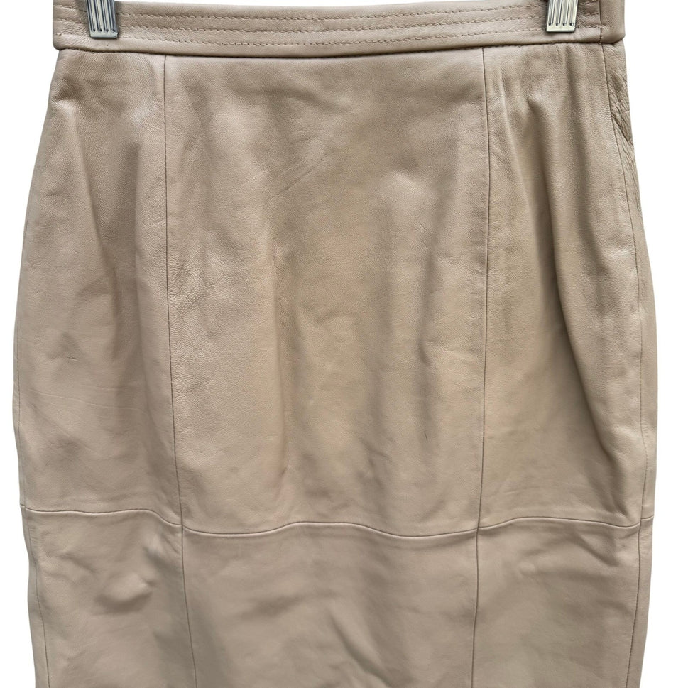 Terry Lewis Classic Luxuries Camel Leather Pencil Skirt Petite 6P Tan Midi T5011