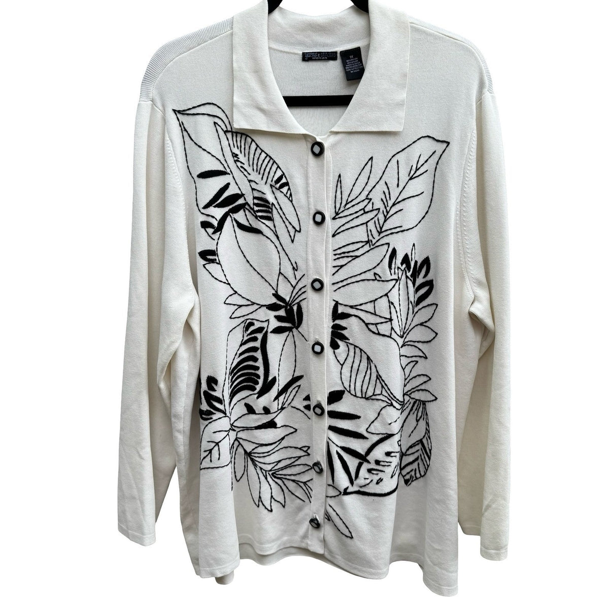 Yarns & Stitches Coastal Minimalist Embroidered Art To Wear Leaf Cardigan 1X