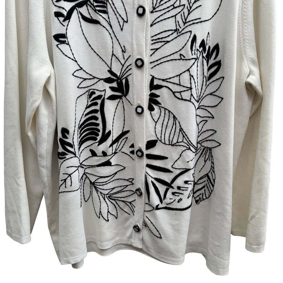 Yarns & Stitches Coastal Minimalist Embroidered Art To Wear Leaf Cardigan 1X