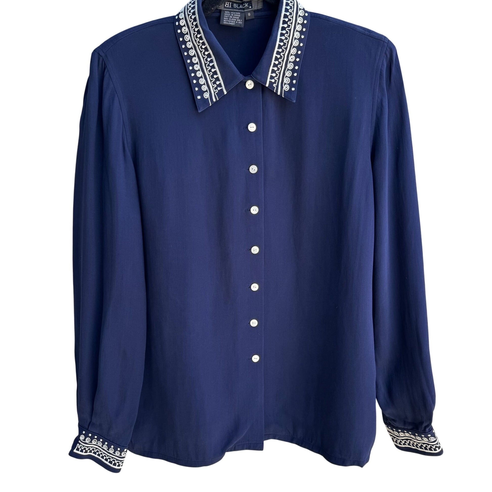 BI Black Vintage Womens Navy Silk Embroidered Collar Cuffs Button-Up Top Blouse 8