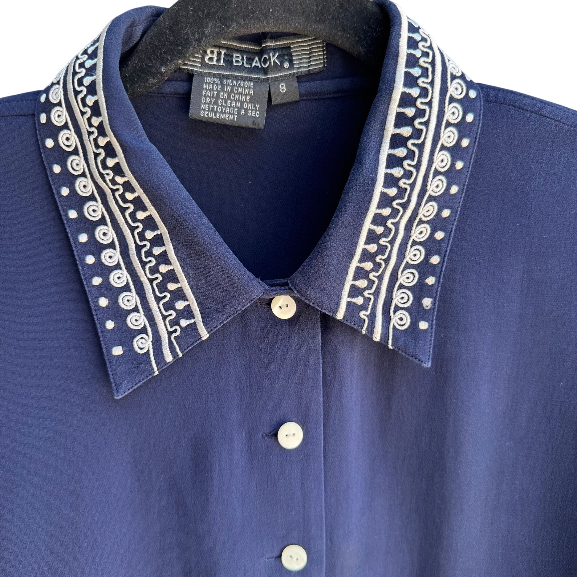 BI Black Vintage Womens Navy Silk Embroidered Collar Cuffs Button-Up Top Blouse 8