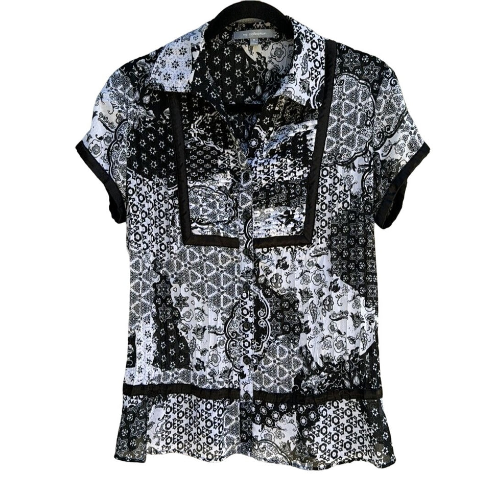 NY Collection Black White Short Sleeve Pleated Patchwork Button-Up Blouse - Med