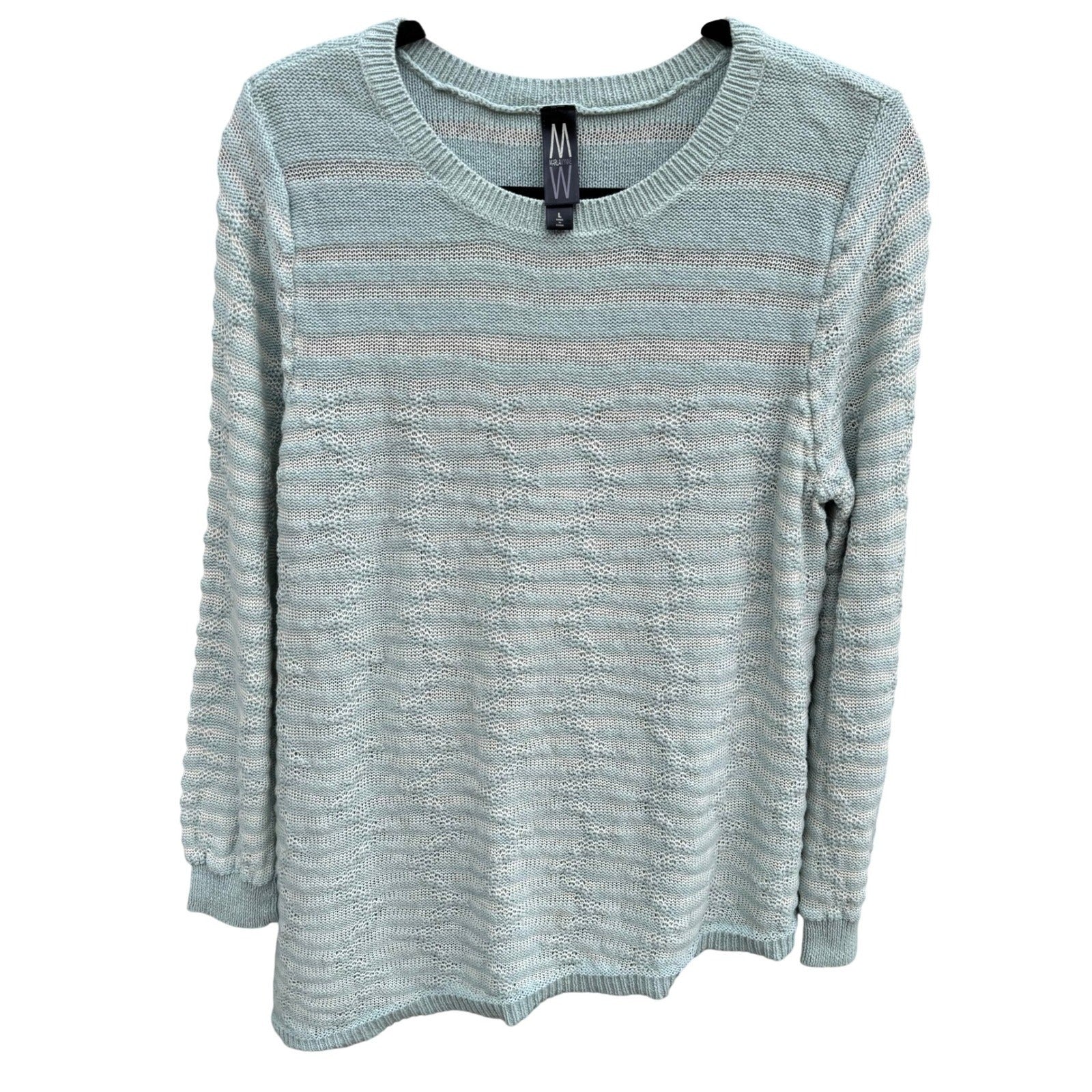 Marla Wynne Womens Cotton Linen Striped Asymmetrical Hem Sweater Seafoam Green L