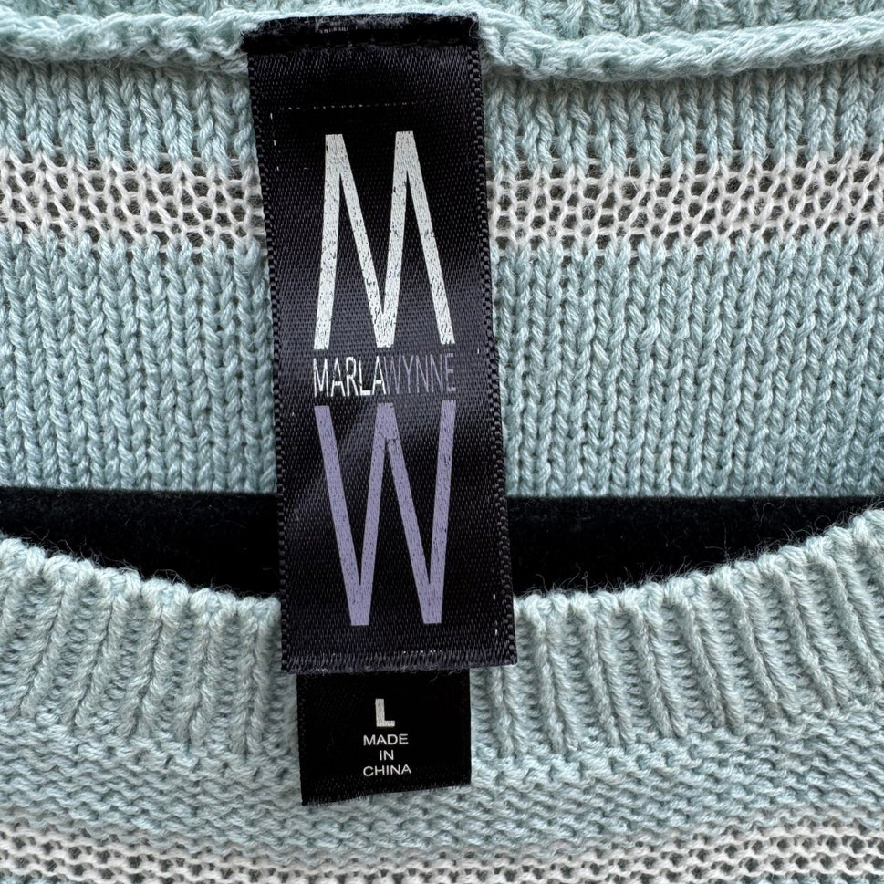 Marla Wynne Womens Cotton Linen Striped Asymmetrical Hem Sweater Seafoam Green L