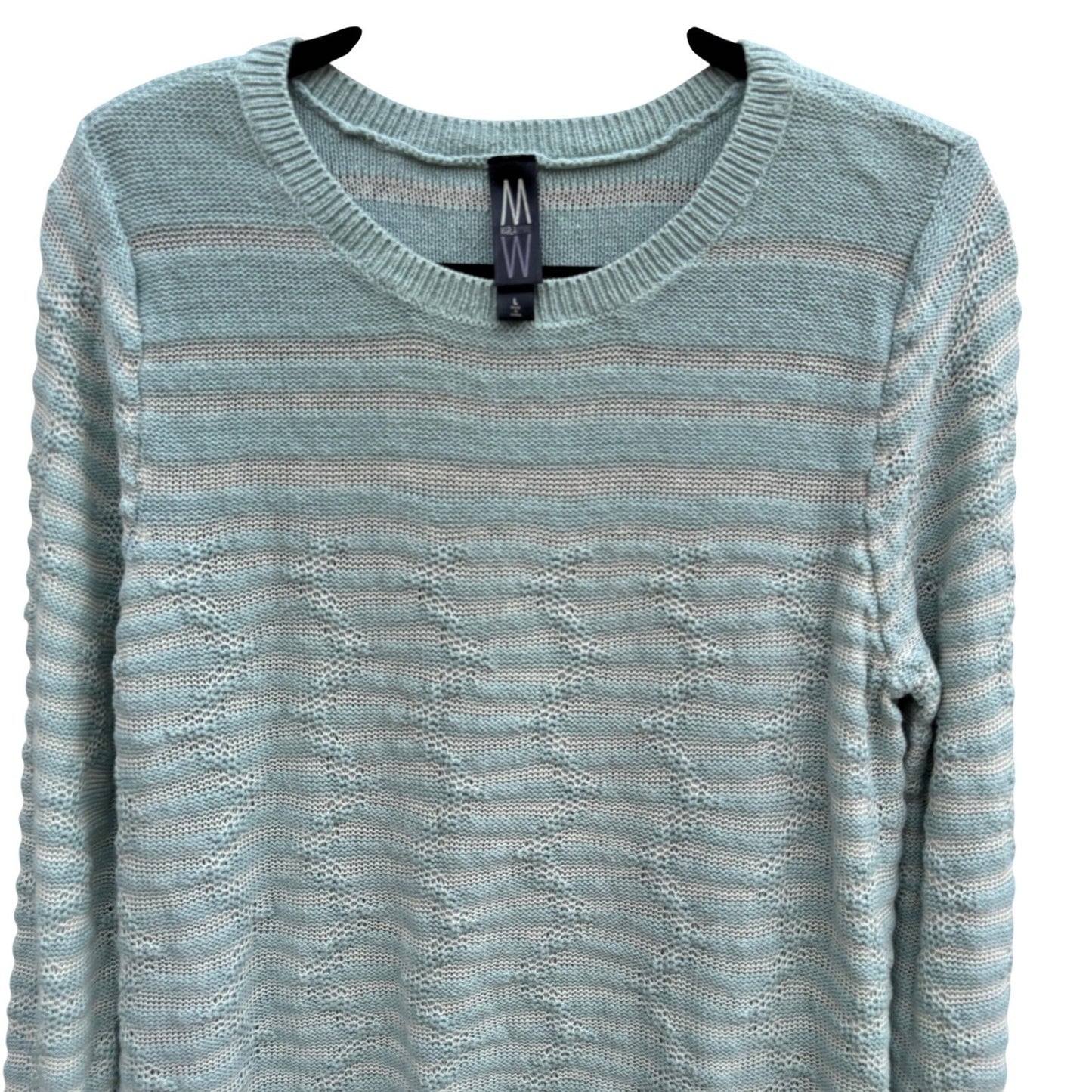 Marla Wynne Womens Cotton Linen Striped Asymmetrical Hem Sweater Seafoam Green L