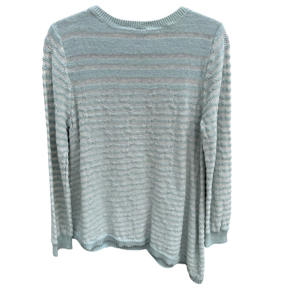 Marla Wynne Womens Cotton Linen Striped Asymmetrical Hem Sweater Seafoam Green L
