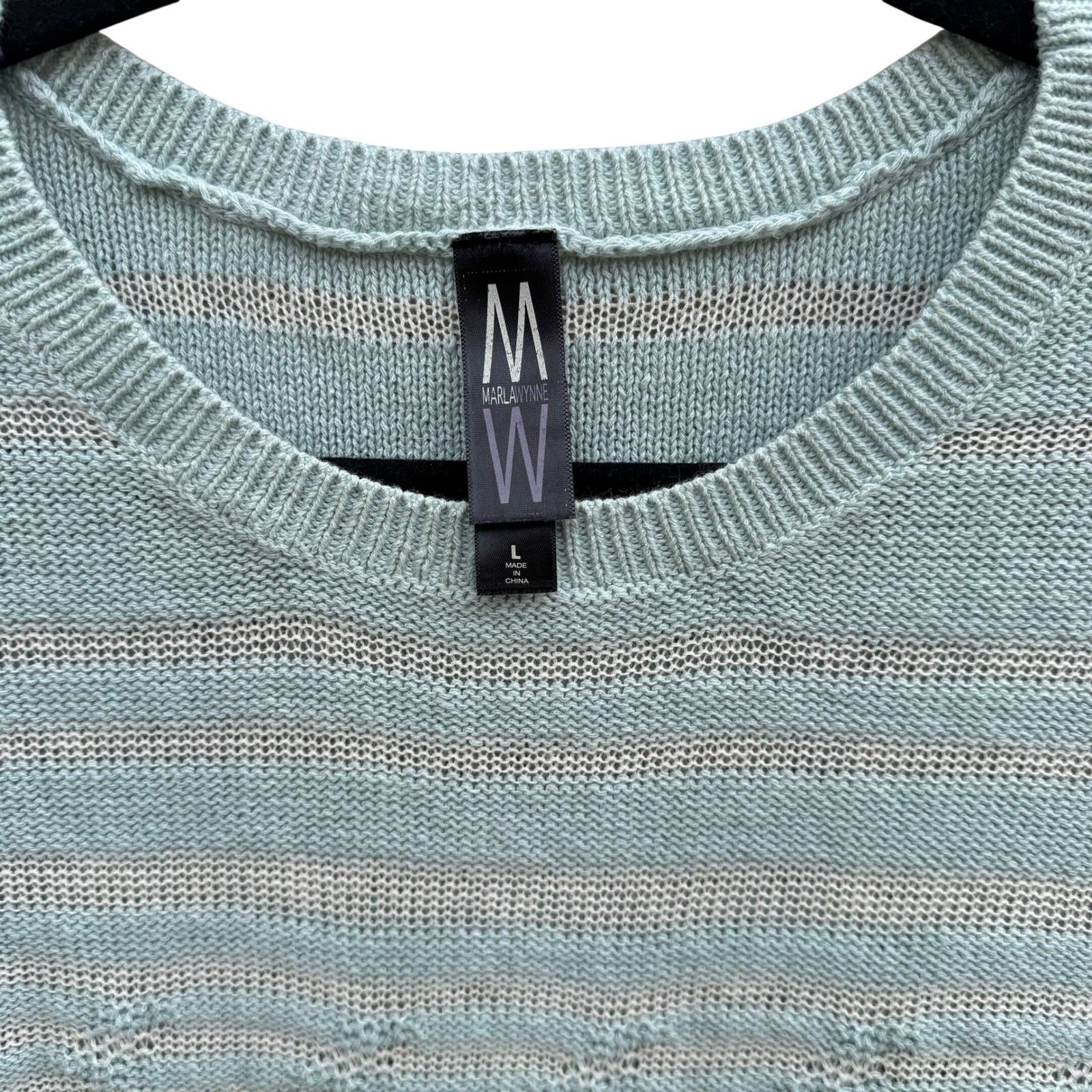 Marla Wynne Womens Cotton Linen Striped Asymmetrical Hem Sweater Seafoam Green L