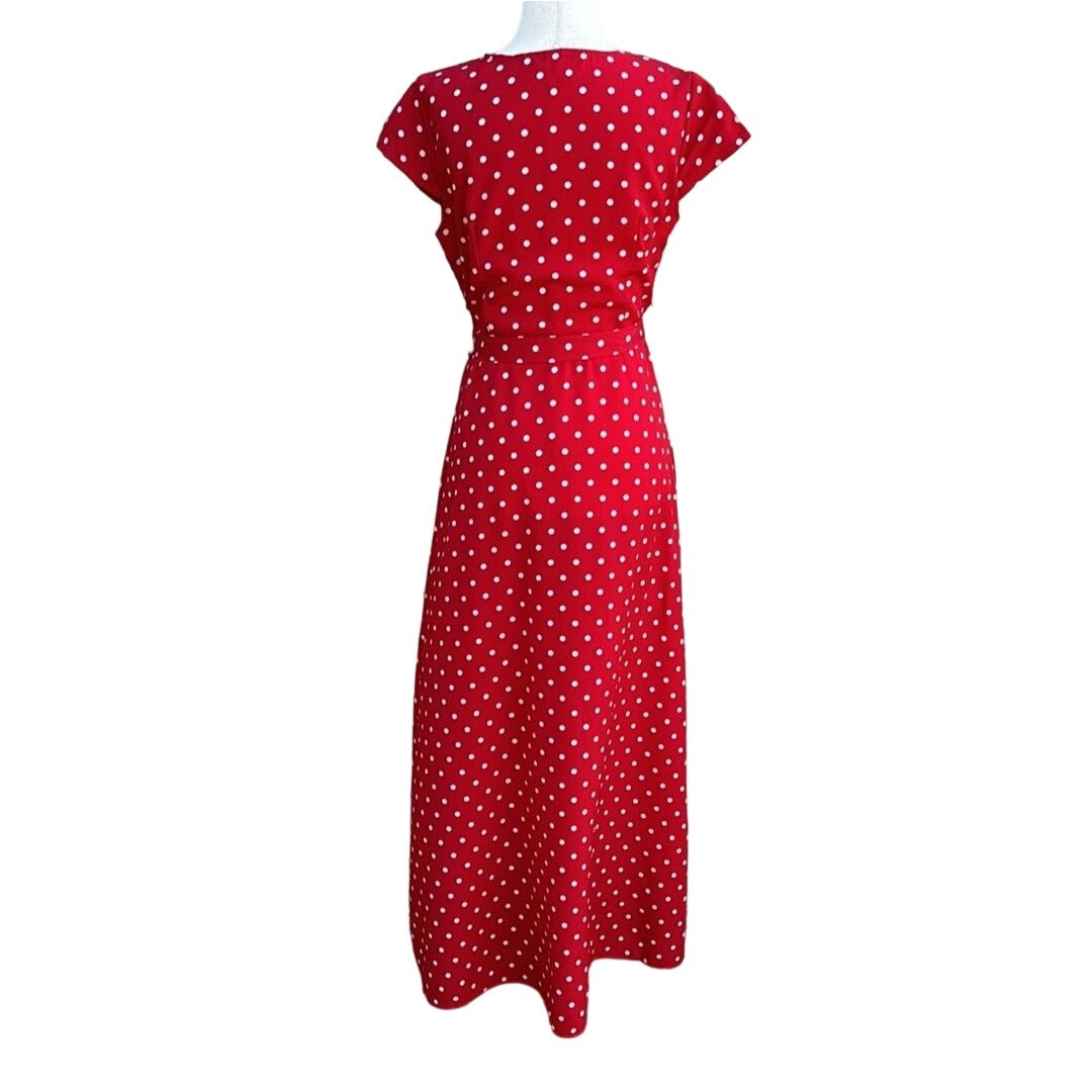 Vintage Inspired Red White Polka Dot V-Neck Cap Sleeves Tie Waist Tulip Dress